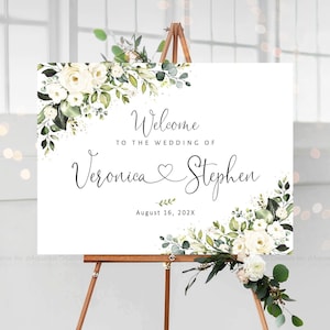 Cartello di benvenuto per matrimonio, cartello per matrimonio con rosa bianca, cartello di benvenuto per matrimonio, decorazioni floreali bianche, decorazioni per matrimonio, cartello per festa di matrimonio