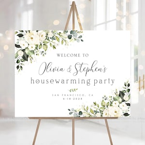 Decoraciones de inauguración de la casa con rosas blancas, letrero de bienvenida para inauguración de la casa, letrero para fiesta de inauguración de la casa, decoración para fiesta de inauguración de la casa, invitación para inauguración de la casa