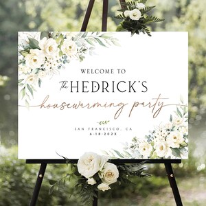 Decoraciones de inauguración de la casa con rosas blancas, letrero de bienvenida para inauguración de la casa, letrero para fiesta de inauguración de la casa, decoración para fiesta de inauguración de la casa, invitación para inauguración de la casa