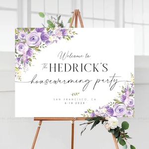 Decoraciones moradas para inauguración de la casa, letrero de bienvenida para inauguración de la casa, letrero para fiesta de inauguración de la casa, decoración para fiesta de inauguración de la casa, invitación para inauguración de la casa