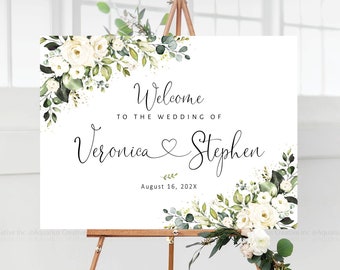 Wedding welcome Sign, White Rose Wedding Sign, Welcome Wedding Sign, White florals decorations, Wedding decorations, Wedding Party sign