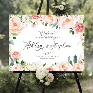 Sinal de boas-vindas de casamento, sinal de boas-vindas blush e branco, sinal de casamento imprimível, casamento de boas-vindas, sinal de casamento floral, cartaz de boas-vindas de casamento