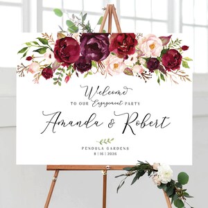 Signo de bienvenida de compromiso, signo de compromiso de Borgoña, decoración de la boda, signo de bienvenida de la boda, fiesta de compromiso, invitaciones de compromiso, imprimible
