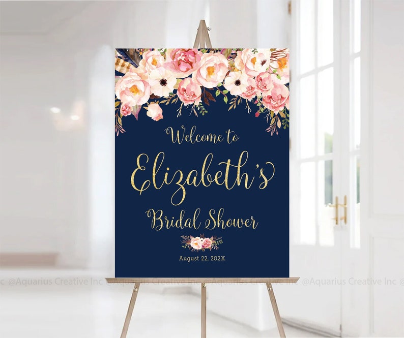 Bridal Shower decorations, Bridal Shower sign, Bridal Shower Welcome Sign, Navy Gold Bridal shower, Bridal shower invitation, Shower signs image 1