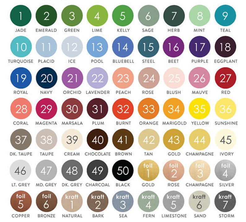 K&ouml;nnte beinhalten: Eine Farbkarte mit 50 verschiedenen Farben, nummeriert von 1 bis 50. Jede Farbe wird durch einen Kreis mit einer Nummer in der Mitte dargestellt. Die Farben sind in Reihen und Spalten angeordnet. Die Karte enth&auml;lt auch die Namen der Farben, wie z. B. Jade, Smaragd, Gr&uuml;n, Limette, Kelly, Salbei, Kraut, Minze, T&uuml;rkis, T&uuml;rkis, Placid, Eis, Pool, Glockenblume, Stahl, Rote Bete, Lila, Aubergine, Royal, Marine, Orchidee, Lavendel, Pfirsich, Rose, Rouge, Mauve, Rot, Koralle, Magenta, Marsala, Pflaume, Gebrannt, Orange, Ringelblume, Gelb, Sonnenschein, Dunkelbraun, Braun, Creme, Schokolade, Braun, Braun, Gold, Champagner, Elfenbein, Hellgrau, Mittelgrau, Dunkelgrau, Anthrazit, Schwarz, Kupfer, Bronze, Natur, Rinde, Meer, Farn, Kalkstein, Sand, Sturm.