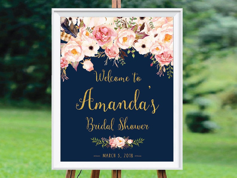 Bridal Shower decorations, Bridal Shower sign, Bridal Shower Welcome Sign, Navy Gold Bridal shower, Bridal shower invitation, Shower signs image 4