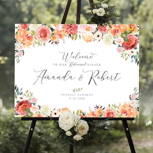 Bord repetitiediner, welkomstbord bruiloft, koraalkleurige bloemendecoraties, oranje bloemenfeest, welkomstbord herfsthuwelijk, afdrukbare poster