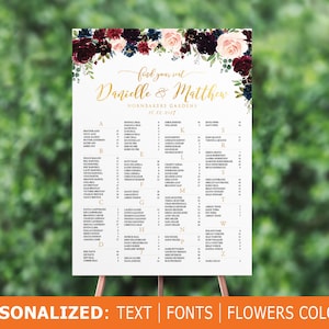 Plan de table mariage par ordre alphabétique, plan de salle de mariage, plan de table bleu bordeaux, modèle de plan de salle, tâche de mariage, sièges