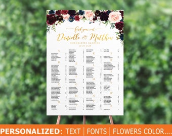 Wedding seating chart alphabetical, Wedding Seating Chart, Burgundy Blue Seating chart, Seating Chart Template, Wedding assignment, Seating