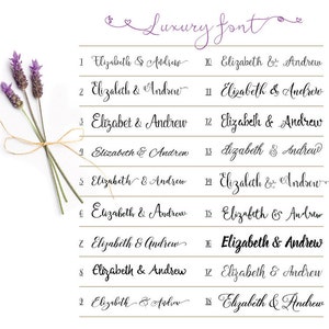 K&ouml;nnte beinhalten: Eine Grafik mit 18 verschiedenen Variationen des Textes "Elizabeth & Andrew" in einer kursiven Schriftart. Der Text ist in schwarzer Tinte auf wei&szlig;em Hintergrund geschrieben.