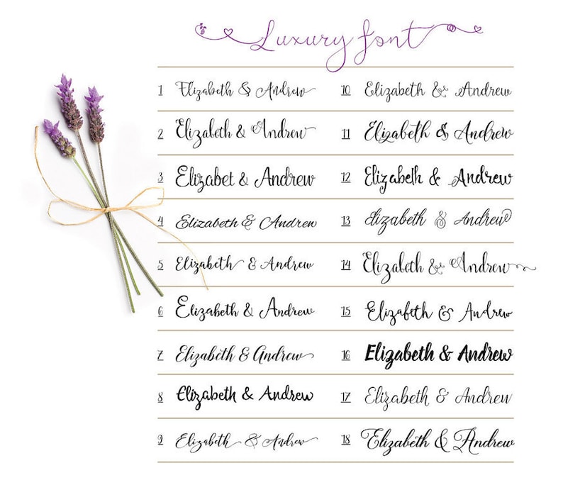 K&ouml;nnte beinhalten: Eine Grafik mit 18 verschiedenen Variationen des Textes "Elizabeth & Andrew" in einer kursiven Schriftart. Der Text ist in schwarzer Tinte auf wei&szlig;em Hintergrund geschrieben.