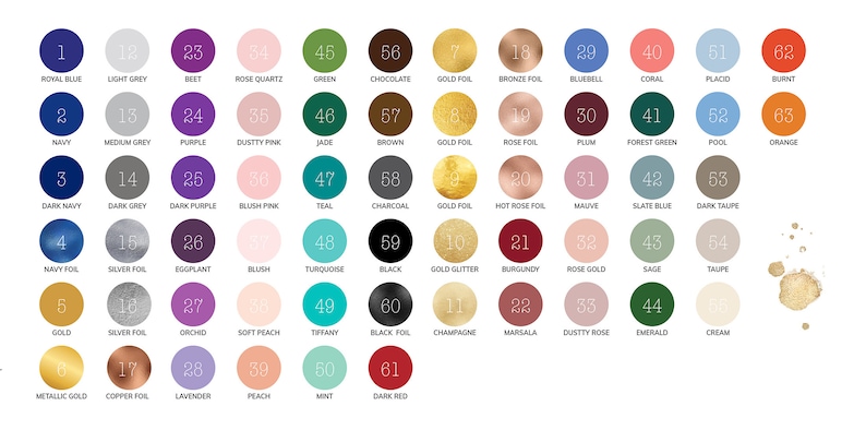 May include: A color chart with 64 different colors, each color is labeled with a number and a name. The colors are arranged in rows and columns. The chart is a great way to see the different colors available for use in a variety of projects.