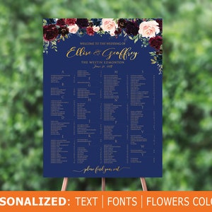 Plan de table mariage par ordre alphabétique, plan de salle de mariage, plan de table bleu bordeaux, modèle de plan de salle, tâche de mariage, sièges
