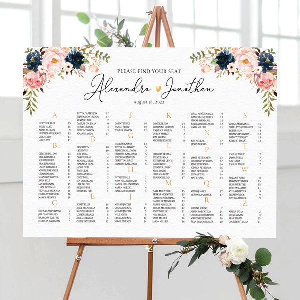 Wedding seating chart, Seating chart alphabetical, Seating Chart Template, Wedding assignment, Seating Chart Poster, Guest tables chart
