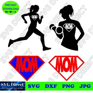 May include: Black silhouette graphics of a woman running and a woman lifting weights, both with a "MOM" logo. Two diamond-shaped logos with "MOM" text are also shown. The image includes "INSTANT DOWNLOAD" and file type labels.