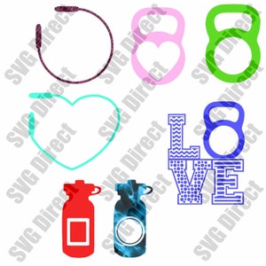 May include: A digital design file featuring a set of images related to fitness and love. The images include a pink dumbbell, a green dumbbell, a blue dumbbell, a turquoise heart, a pink heart, a red water bottle, a blue water bottle, and a blue word "LOVE" with a chevron pattern on the "L" and polka dots on the "O" and "V" letters.