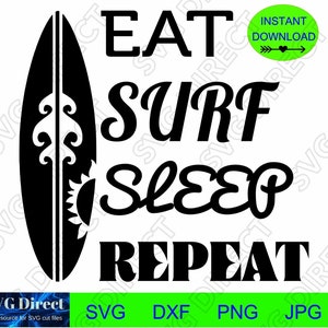 Op de afbeelding: Zwart-wit grafisch ontwerp met een surfboard en de tekst "EAT SURF SLEEP REPEAT".