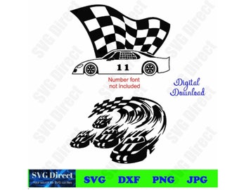 May include: Black and white silhouette of a race car with a checkered flag waving above it. The car has the number 11 on the side. The image also includes a checkered flag design in the shape of a swirl.