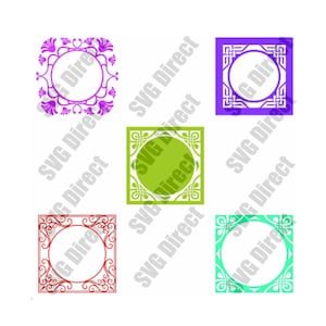 May include: Set of six square frame SVG cut files. Each frame features a different design with a circle in the centre. The frames are in purple, green, red, and blue.