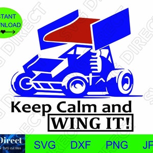 May include: A blue and red race car with the text "Keep Calm and WING IT!"  The car is on a white background.
