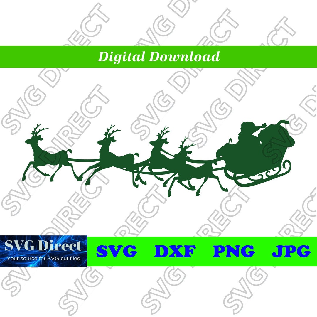 Santa Sleigh SVG and 4 Reindeer - Christmas *** Santa Svg, Png, Dxf ...