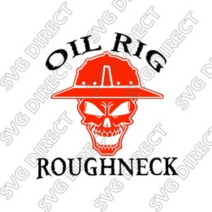 May include: A red skull wearing a hard hat with the words "Oil Rig Roughneck" in black text.