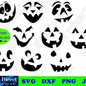 May include: Ten black and white pumpkin carving stencils with different facial expressions. The stencils are perfect for creating unique jack-o'-lanterns for Halloween.