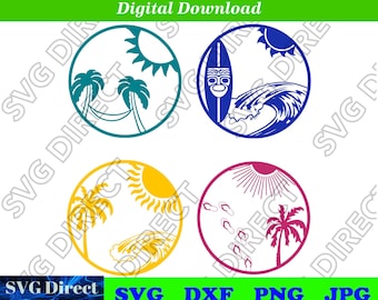 Insignias de playa (juego de 4) **** Isla tropical, Surf, Tabla de surf, Surf, Tabla de surf, Palmera, Ola, Sol, Playa, Svg, Png, Archivos de corte digital