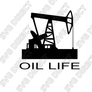 May include: Black silhouette of an oil pump jack with the words "OIL LIFE" below. The image is a vector graphic, suitable for various applications. The design features a detailed representation of an oil pump.