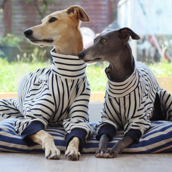 White and Navy Stripe Cuff Onesie / Pyjamas, Whippet, Italian Greyhound, Greyhound, Lurcher, Sighthound, Galgo, Saluki Clothing