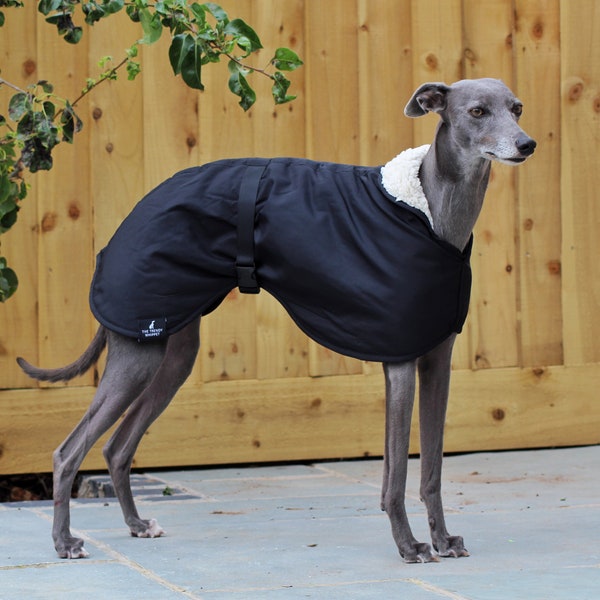 Black Matt Fleece Lined Waterproof Coat Whippet Greyhound, with matching Adjustable Clip Strap Lurcher/ Italian Greyhound/ Sighthound