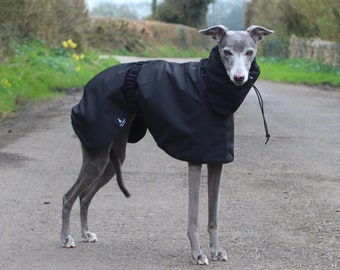 Manteau imperméable noir pour lévriers Whippet, doublure en filet respirant et sangle réglable à la taille