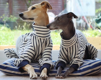White and Navy Stripe Cuff Onesie / Pyjamas, Whippet, Italian Greyhound, Greyhound, Lurcher, Sighthound, Galgo, Saluki Clothing