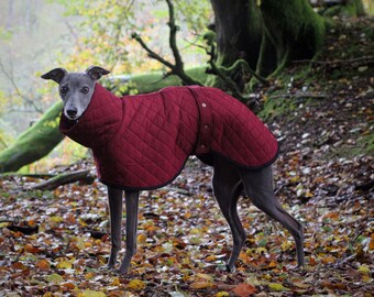 Burgundy Lined Quilted Waterproof Coat Whippet Greyhound, with matching Adjustable Clip Strap Lurcher/ Italian Greyhound/ Sighthound