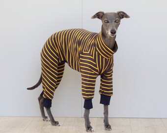 Grey and Yellow Stripe Cuff Onesie / Pyjamas, Whippet, Italian Greyhound, Greyhound, Lurcher, Sighthound, Galgo, Saluki Clothing