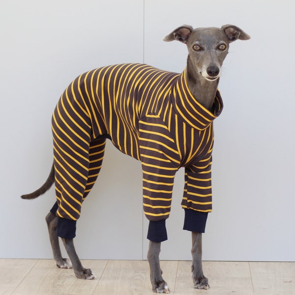 Grey and Yellow Stripe Cuff Onesie / Pyjamas, Whippet, Italian Greyhound, Greyhound, Lurcher, Sighthound, Galgo, Saluki Clothing
