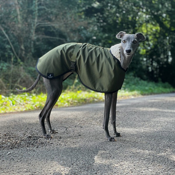 Manteau imperméable vert olive doublé en polaire Whippet Greyhound, avec sangle réglable assortie à clip Lurcher/Lévrier italien/Lévrier