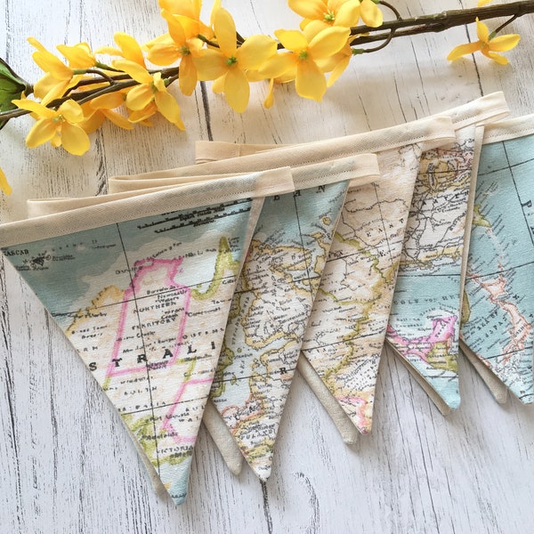 Handmade Earth World Map bunting, vintage look fabric Atlas banner, reusable Birthday party garland decor travel lover banner globe bunting