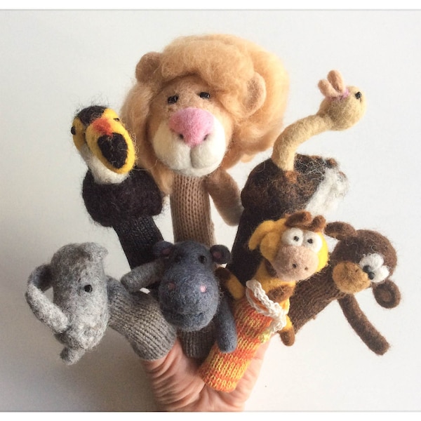 Animals-puppets with fingers AFRICA - 7 puppets in felted wool and knitted