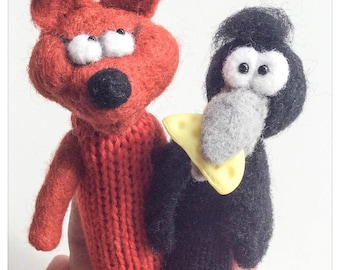 Finger puppets in felted wool and knit Raven and Fox