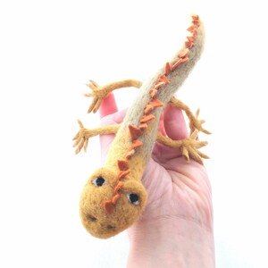 May include: A hand-felted, light brown lizard with orange spines and black eyes. The lizard is about 6 inches long and is made of wool felt.