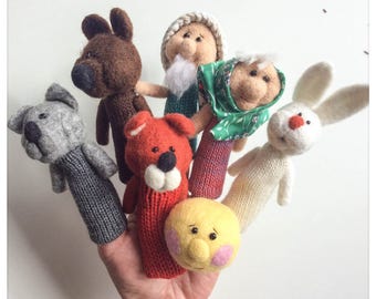 Set of Felted Wool Finger Puppets "Roule Galette" - 7 Characters