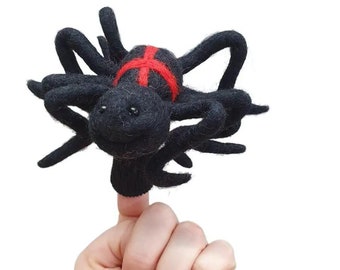 Schwarze Spinnen-Fingerpuppe aus Wolle.