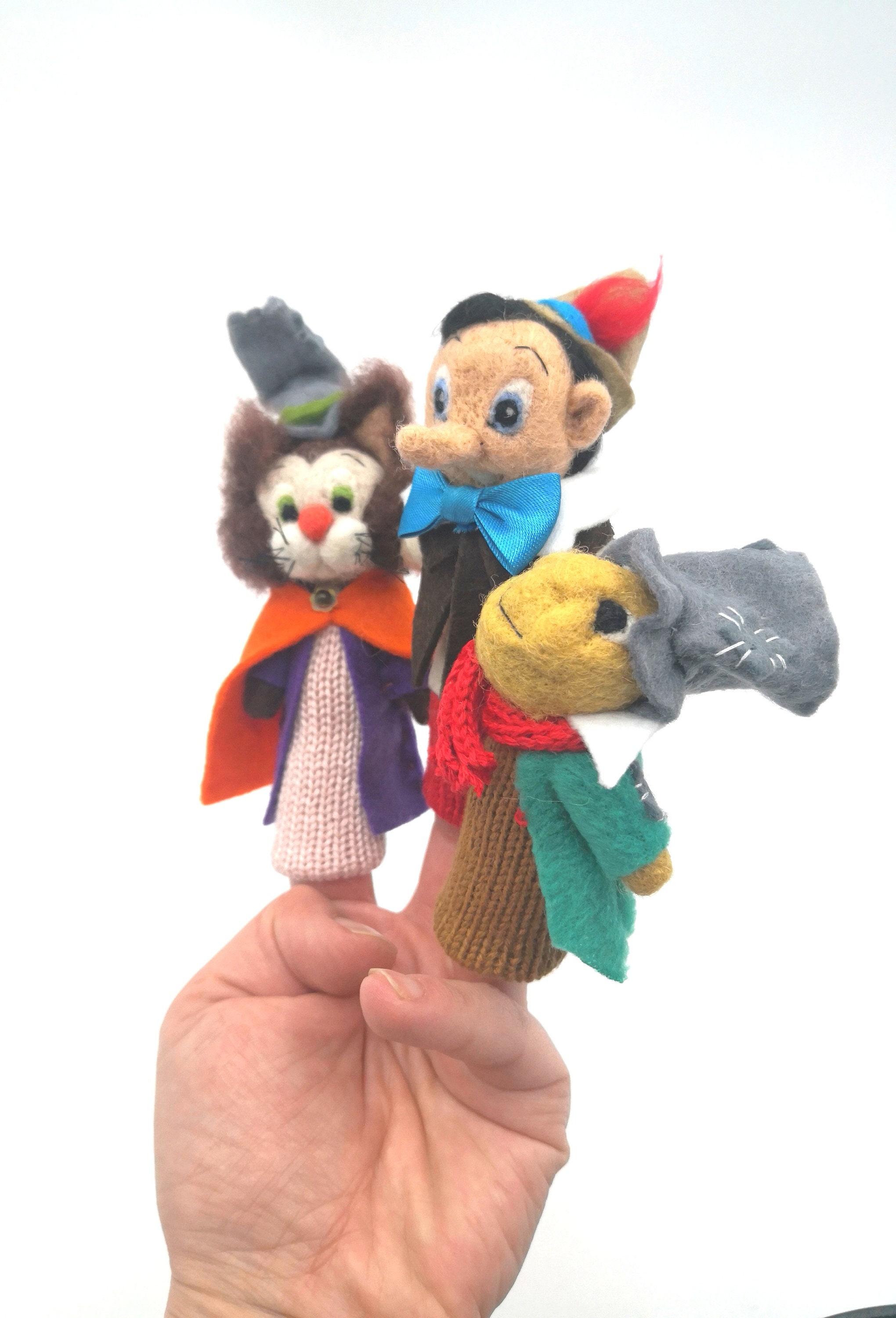 Pinocchio 3 felted wool finger puppets.