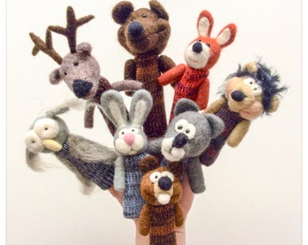 Puppets-animals of Forest/La forêt - 8 felted and knitted wool finger puppet animals