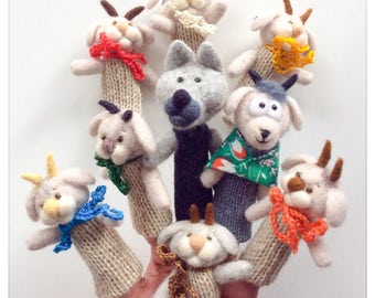 Wolf and the Seven Kids - felted wool finger puppets