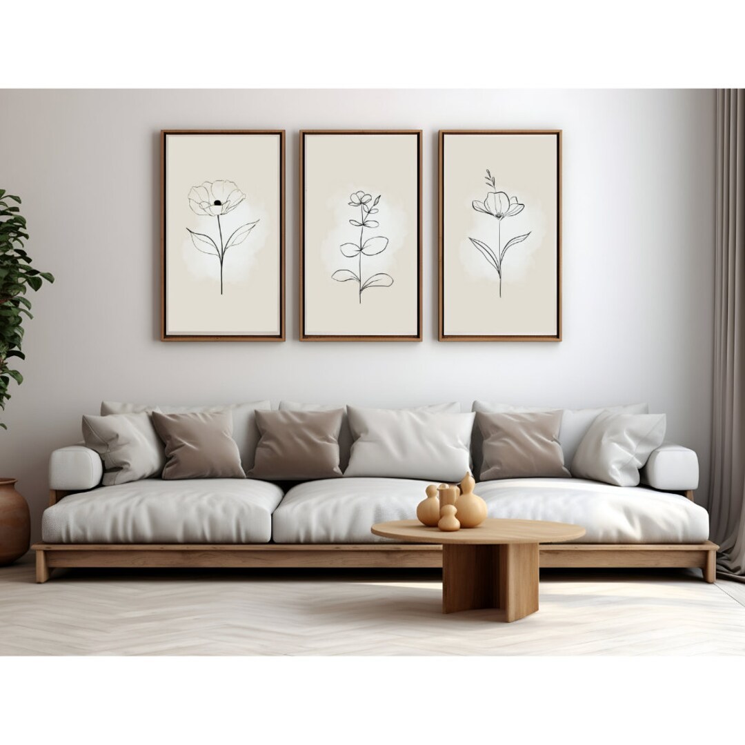 Floral Line Art Set of 3 | Minimalist Wall Art | Neutral Beige, Black ...