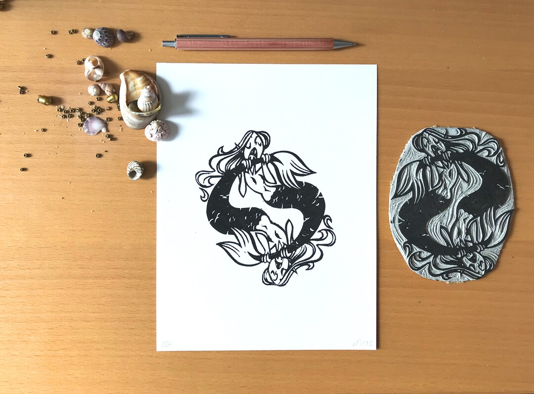 Astro Mermaid *FISH* - Original Linocut Print - Handmade - Limited ...