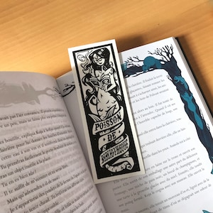 Mermaid Bookmark Poisson de Bibliothèque Original Linocut Print Handmade Limited Edition 1,9 x 5,9 image 1