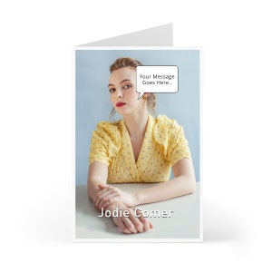 Anniversaire Jodie Comer, carte de voeux personnalisée avec votre message en bulle ou sur carte